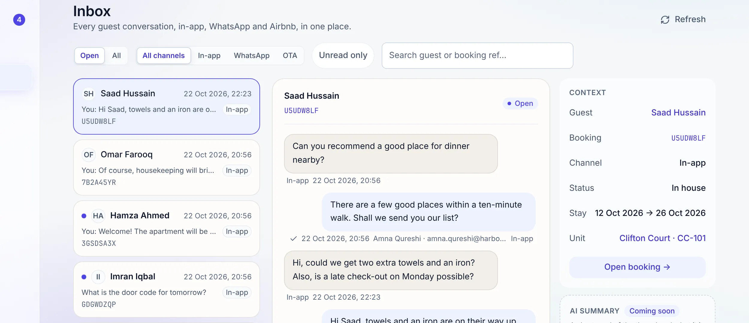 The unified inbox with WhatsApp and Airbnb conversations